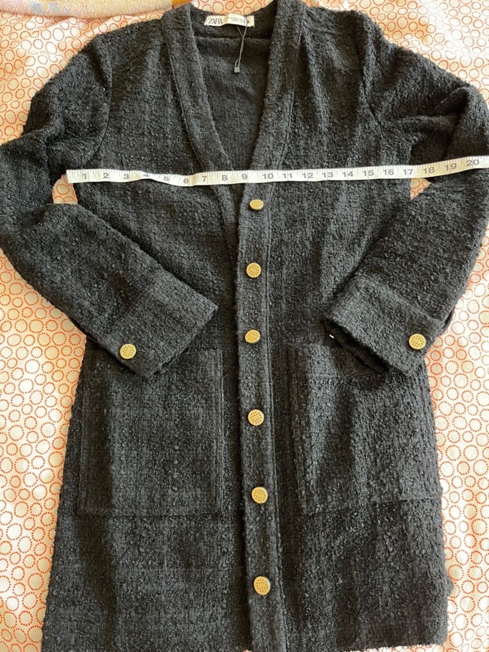 NWOT. Zara Black Bouclé Long Coatigan with Gold Buttons